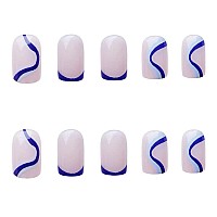 Foccna Square Press On Nails Acrylic French Fake Nails Short Swirls Cute Womens Blue False Nails Daily Wear Artificail Nails Fo