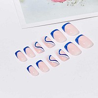 Foccna Square Press On Nails Acrylic French Fake Nails Short Swirls Cute Womens Blue False Nails Daily Wear Artificail Nails Fo