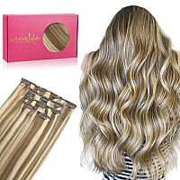 Wennalife Clip In Human Hair Extensions 80G 5Pcs 20 Inch Remy Clip In Hair Extensions Real Human Hair Ash Brown Highlighted Gol