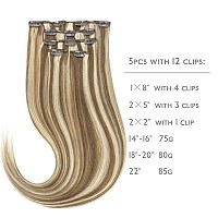 Wennalife Clip In Human Hair Extensions 80G 5Pcs 20 Inch Remy Clip In Hair Extensions Real Human Hair Ash Brown Highlighted Gol