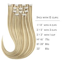 Wennalife Clip In Human Hair Extensions 85G 5Pcs 22 Inch Remy Clip In Hair Extensions Real Human Hair Light Blonde Highlighted