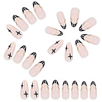 Vaveah 24 Pcs Press On Nails Medium Acrylic Stiletto Fake Nails With Stars False Nails With Nail Glue On Nails For Women Blac