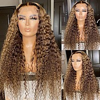 Pizazz 13x4 Ombre Highlight HD Lace Front Wigs Human Hair Pre plucked 180 Density 427 Honey Blonde Deep Wave Human Hair Wigs for Women(30 Inch, Brown mix gloden color)