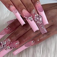 VOTACOS Press on Nails Long Coffin Fake Nails Pink False Nails with Glitter Heart Design Glossy Stick on Nails for Women