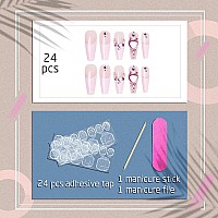 VOTACOS Press on Nails Long Coffin Fake Nails Pink False Nails with Glitter Heart Design Glossy Stick on Nails for Women