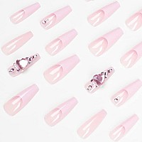 VOTACOS Press on Nails Long Coffin Fake Nails Pink False Nails with Glitter Heart Design Glossy Stick on Nails for Women