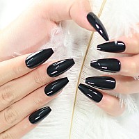 Glossy Long Ballerina Press On Nail Tips Long Coffin Ballet Black False Nails For Salon Diy Artificial Fake Nail Art At Home