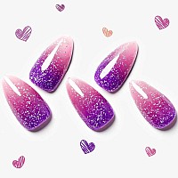 Glamermaid Hamdmade Thermo Press On Nails Gel Medium Almond Glitter Purple Pink Ombre Fake Nails Short Stiletto Shrimmer Galax