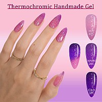 Glamermaid Hamdmade Thermo Press On Nails Gel Medium Almond Glitter Purple Pink Ombre Fake Nails Short Stiletto Shrimmer Galax