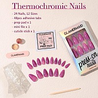 Glamermaid Hamdmade Thermo Press On Nails Gel Medium Almond Glitter Purple Pink Ombre Fake Nails Short Stiletto Shrimmer Galax