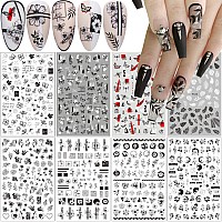 8 Sheets Flower Nail Art Stickers 3D Black White Retro Floral Leaves Butterfly Nail Decals Nails Supply Designs Flower Leaf Butt