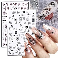 8 Sheets Flower Nail Art Stickers 3D Black White Retro Floral Leaves Butterfly Nail Decals Nails Supply Designs Flower Leaf Butt