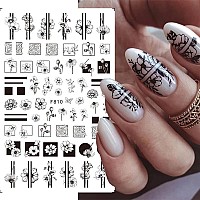 8 Sheets Flower Nail Art Stickers 3D Black White Retro Floral Leaves Butterfly Nail Decals Nails Supply Designs Flower Leaf Butt