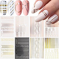 8 Sheets Line Nail Art Stickers Rose Gold Silver Metal Nail Stickers Nail Art Supplies 3D Metallic Curve Stripe Wave Lines Nail