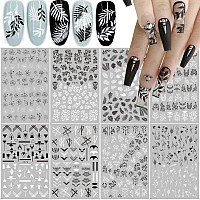 8 Pcs Black White Nail Art Stickers 3D Leaves Lines Flower Vine Nail Decals Nail Art Supplies Geometric Line Leaf Nail Stickers