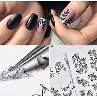 8 Pcs Black White Nail Art Stickers 3D Leaves Lines Flower Vine Nail Decals Nail Art Supplies Geometric Line Leaf Nail Stickers