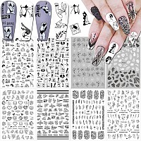 8 Sheets Black White Nail Art Stickers 3D Leaves Flower Vine Sexy Girl Nail Decals Retro Lines Floral Face Abstract Nail Sticker