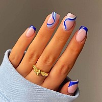 Rikview Medium Length Press On Nails With Swirls Design Blue Nails Square Fake Nails For Women And Girls