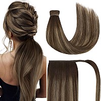 Ve Sunny 14 Ponytail Hair Extension Real Human Hair Wrap Around Dark Brown Balayage Caramel Blonde 80G