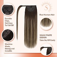 Ve Sunny 14 Ponytail Hair Extension Real Human Hair Wrap Around Dark Brown Balayage Caramel Blonde 80G