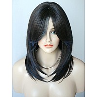 Medium Length Layered Wigs Black With Blue Highlight Wigs Layered Wig With Bangs Synthetic Wig For White Women Black Blue Mixed