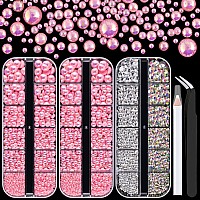 4000PCS Flatback Rhinestones and Half Round Pearls Kit #8, Multi Size Glass Clear & AB Crystals, Plastic Flat Back Light Pink AB Dome Bead with Pickup Pencil and Tweezer for Nail Art