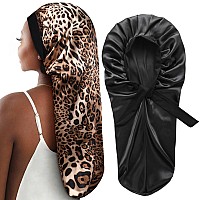 2 Pcs Hair Bonnets for Women Satin, Black Leopard Soft Elastic Band Long Satin Bonnet Sleeping Cap for Women Bonnet for Braids