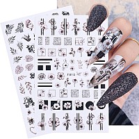 Flowers Nail Art Stickers Holographic Black Flower Leaf Butterfly Nail Art Decals 3D Floral Selfadhesive Sticker Design Suppl