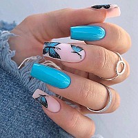 24 Pcs Press on Nails Medium, Sunjasmine Coffin Fake Nails with Butterfly Designs, Acrylic False Nails with Nail Glue on Nails for Women (Coffin Blue Butterfly)