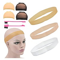 YTBYT 3 Pcs Silicone Wig Grip Band Non-Slip Elastic Headbands 4 Pcs Wig Stocking Caps and 2 Pcs Hairbrush for Hold Wig (Mixing)