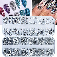 2120 Pcs Silver Color Nail Rhinestones Crystals Glass Gems Stones Multi Shapes Sizes Silver Glass Round Beads Flatback Rhineston