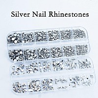 2120 Pcs Silver Color Nail Rhinestones Crystals Glass Gems Stones Multi Shapes Sizes Silver Glass Round Beads Flatback Rhineston