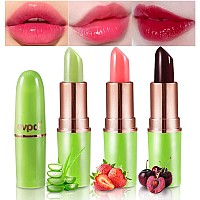 evpct 3Pcs Aloe Vera Strawberry Black Red Cherry Lip Color Changing Lipstick Tinted Lip Balm Set Magic PH Color Change Changing Jelly Lipstick Women labiales labial magicos mate 24 horas originales