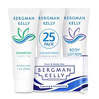 Bergman Kelly Hotel Toiletries Bundle White Tea 1 Oz Each 100 Pieces 4Piece Set 25 Rectangular Bar Soap 25 Shampoo 25 Co