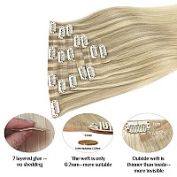 Doores Clip In Hair Extensions Real Human Hair Ash Blonde To Golden Blonde And Platinum Blonde 14 Inch 110G 7Pcs Seamless Clip