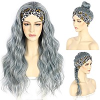 SAPPHIREWIGS Headband Wig Long Wavy Wigs for Women Highlight Blue Wig Glueless Synthetic Wigs 26 Inch Headwrap Wigs with Headband Attached