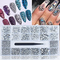 4880Pcs Silver Color Nail Rhinestones Kit, Nail Art Rhinestones Crystals Round Beads Flatback Glass Silver Color Gems Multi Shapes Sized Rhinestones Crystals for Nail DIY Crafts Jewelry