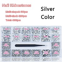 4880Pcs Silver Color Nail Rhinestones Kit, Nail Art Rhinestones Crystals Round Beads Flatback Glass Silver Color Gems Multi Shapes Sized Rhinestones Crystals for Nail DIY Crafts Jewelry