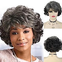 Gnimegil Short Black Grey Curly Hair Synthetic Womens Costume Party Gifts Mommy Wig Old Lady Wig