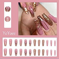 Yoyoee Long Luxury False Nails Tips Coffin Press On Nails Acrylics Full Cover Pink French Fake Nails Galaxy Nails Tips For Wom