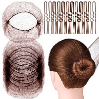 FANDAMEI 20PCS Hair Nets Invisible and 40PCS U Shaped Hair Pins Set, 20PCS 50cm for Bun Brown Elastic Edge Mesh and 40pcs Hair Bun Pins for Women, girls, Ballet Bun Maker Dance (Brown)