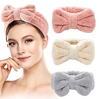 MIMITOOU Spa Headband - 3 Pack Bow Hair Bands Women Facial Makeup Headbands Soft Coral Fleece Elastic Head Wraps for Bathing Shower Skincare Washing Face