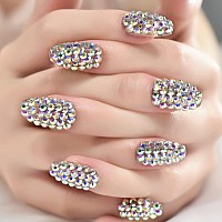 Elevenail 24Pcs Full 3D Rhinestone Press On False Nails Medium Length Coffin Fake Nails Salon Diy Manicure Reusable Acrylic Nail