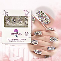 Elevenail 24Pcs Full 3D Rhinestone Press On False Nails Medium Length Coffin Fake Nails Salon Diy Manicure Reusable Acrylic Nail