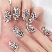 Elevenail 24Pcs Full 3D Rhinestone Press On False Nails Medium Length Coffin Fake Nails Salon Diy Manicure Reusable Acrylic Nail