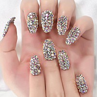 Elevenail 24Pcs Full 3D Rhinestone Press On False Nails Medium Length Coffin Fake Nails Salon Diy Manicure Reusable Acrylic Nail