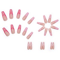 Mervf Long Press On Nails Coffin Fake Nails Pink French Tip Ballerina Glue On Nails Ombre Acrylic Nails Glossy 24Pcs False Nails