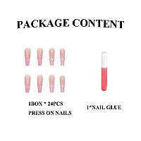 Mervf Long Press On Nails Coffin Fake Nails Pink French Tip Ballerina Glue On Nails Ombre Acrylic Nails Glossy 24Pcs False Nails