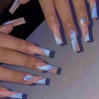 BABALAL Coffin Press on Nails Long French Fake Nails with Nail Glue Blue Glossy Glue on Nails 24pcs Ballerina Acrylic Nails Blue False Nails