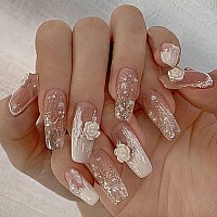 Mervf Coffin Press On Nails Long Fake Nails White Flower Ballerina Acrylic Nails With 3D Rhinestone Designs False Nails Glue On